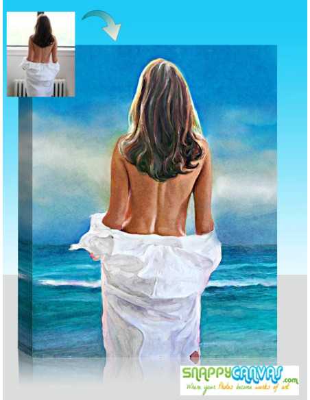 Watercolor Canvas Painting of a person wrapped in a white sheet, standing and looking out at the sea, with vibrant blue and whit
