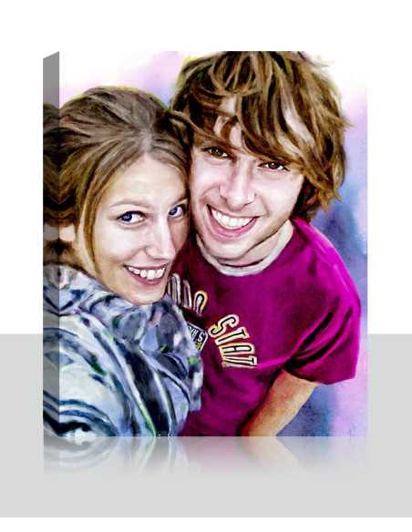 Young couple portrayed in colorful Watercolor art from a customer's photo