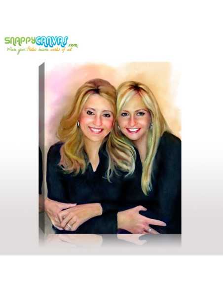Two smiling ladies captured in this watercolor canvas made from a photograph