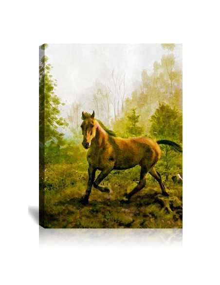 “Watercolor canvas painting of a majestic horse in a misty forest clearing with sunlight filtering through the trees”