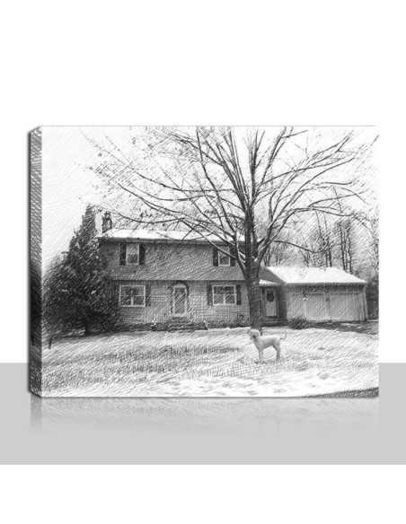 home with a tree in front illustrated in this canvas