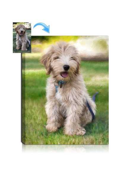 Oil Portrait of Grey Puppy: “Artistic oil rendition of a grey puppy in a lush green field, based on a photo for personalized pet
