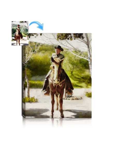 Artist created oil portrait from picture of man riding his horse