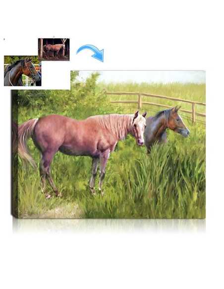 painting of horses grazing in the meadow made from a photo