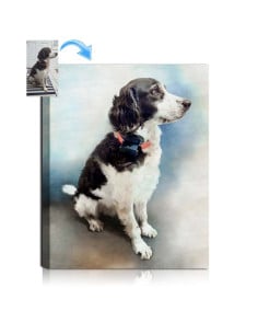 A cuddly poodle mix painted in water color style, held in a canvas frame 2