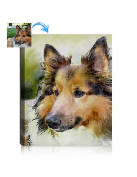 A pet collie dog's photo transformed into a picturesque watercolor canvas portrait