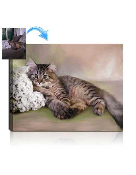 Cat laying down gently against a bed of flowers in this canvas oil painting made from photo