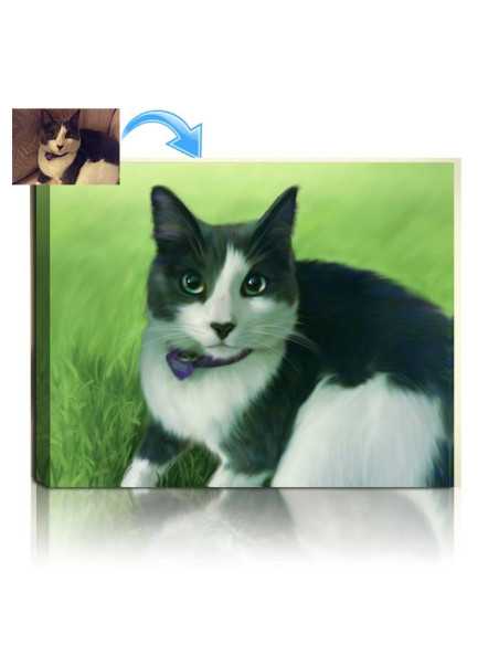 Pet cat picture painted from a low lit indoor photo into a vibrant artwork with an outdoor background