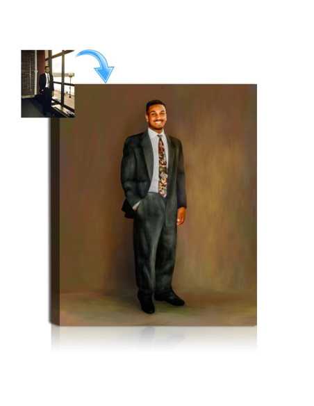 A full figure usiness photo painting of a man with a brown background, with original photo shown in upper corner
