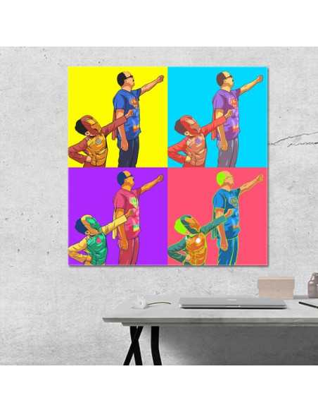 Father and son in super hero costumes turned into personalized pop art