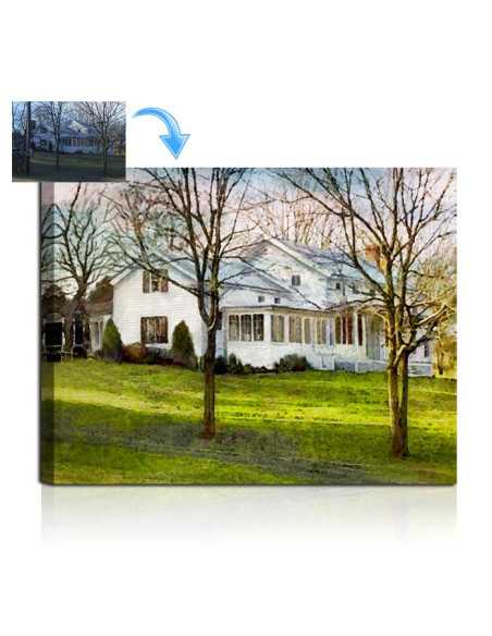 A charming home fondly remembered through a canvas painting created by artist using a photo of the house