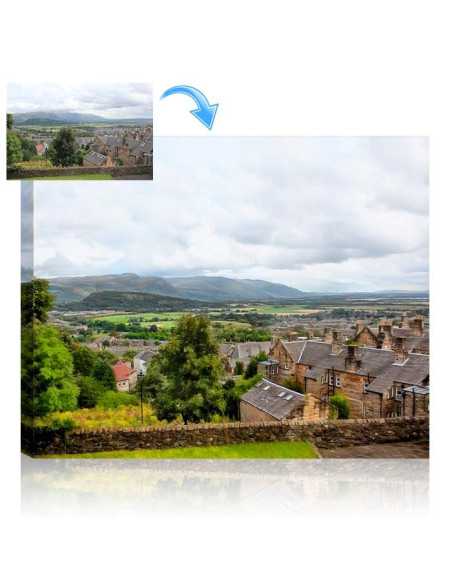 Canvas painting in oil style made from a travel picture of Rustic homes with green mountains in the background 