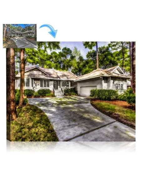Picturesque house nestled below the leafy green trees and shadows painted by artist for a gift