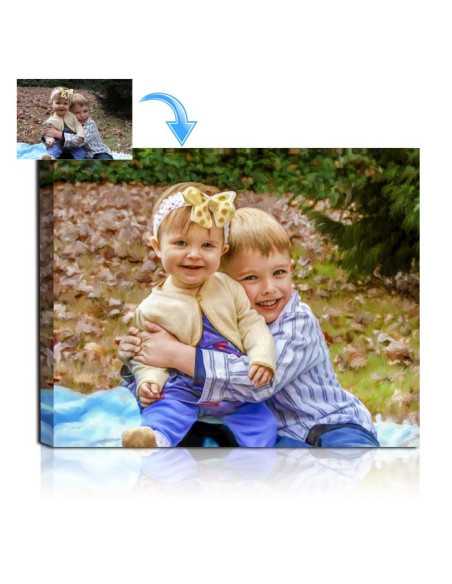 A child's photo transformed into a beautiful child oil portrait painting, capturing their bond in stunning detail