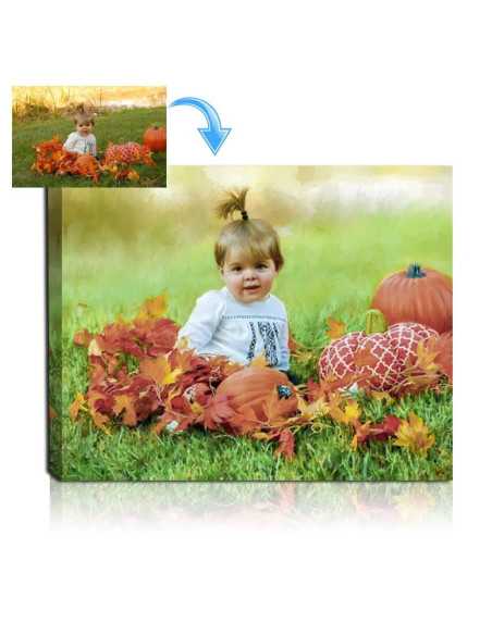 Personalized child oil portrait from photo, capturing a precious fall moment