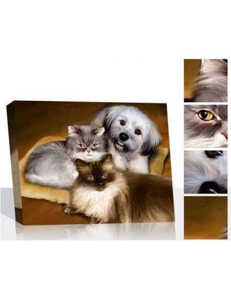 Painting artistically created using separate photos of cats and dog composed together in one canvas