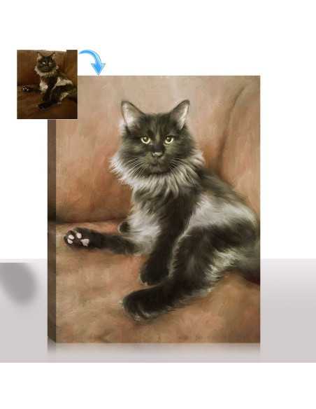 An expressive cat with dark fur sitting wisely upon a brown sofa, in this cat canvas painting by artist
