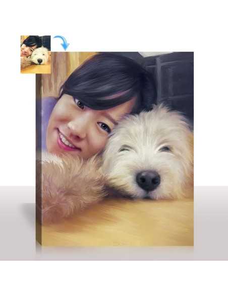owner with dog photo in oil painting style