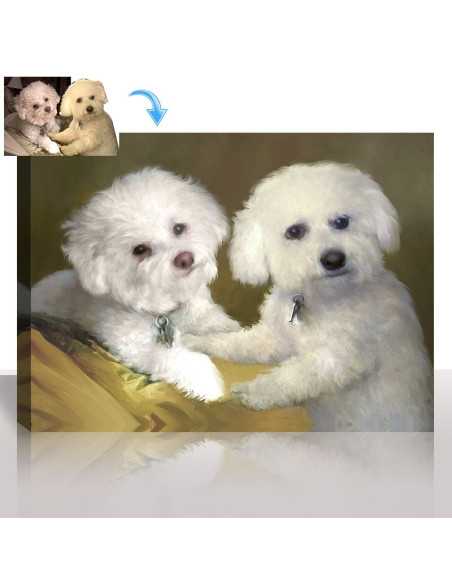 Transformation from Photo to Oil Portrait: “Custom oil portrait of two small dogs created from a photo, showcasing the transform
