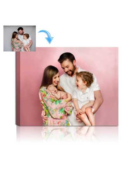 Family painting from photo with pink background and the original photo shown in corner