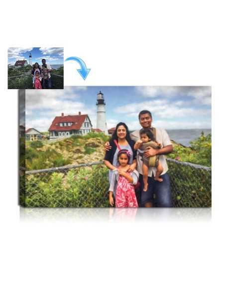Hand-painted oil family portrait from vacation photo with lighthouse in the background