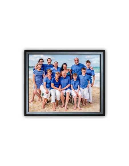 Picture of family matching blue clothes at the beach transformed to personalized oil family canvas