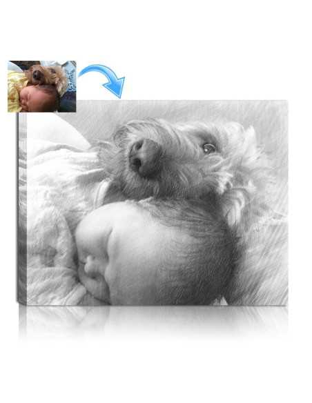 This sketch from a photo taken with dog and baby illustrates in pencil technique why we love pets so much. 