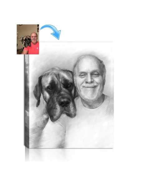 Loving sketch memory of pet mastiff dog with his owner on canvas