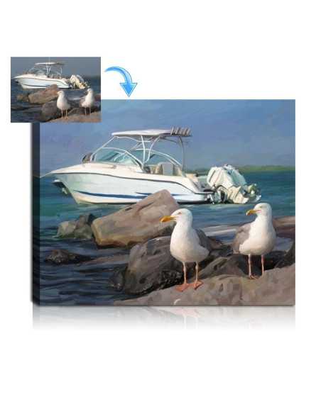 Painting of a boat with seagulls in the foreground created by artist from photo