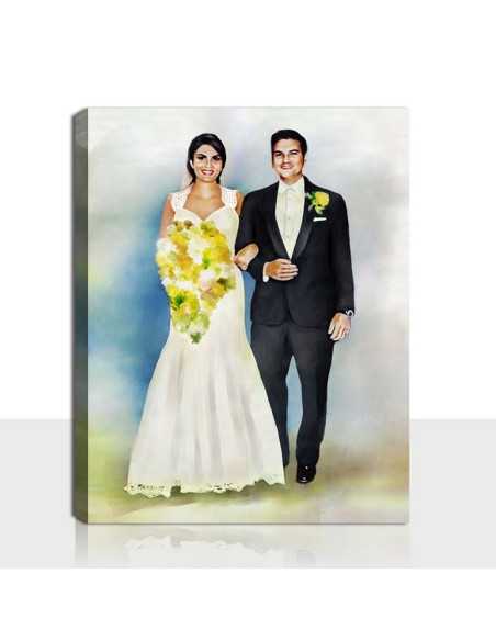watercolor portrait from wedding photo with blue tones in background