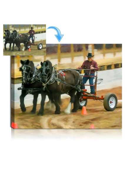 photo of a cowboy riding behind two horses painted to canvas