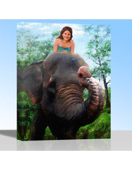 Lady riding an elephant painted portrait canvas in vibrant color and artistic brush strokes.