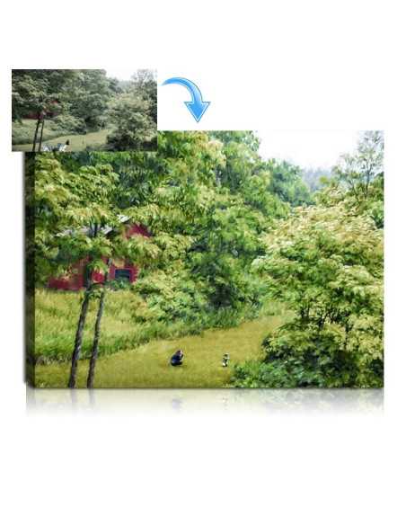 A lush green forest setting with barn made from a photograph
