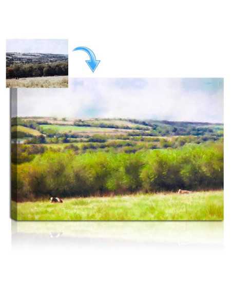 Scenic portrait painting of dreamy meadow with gentle bovines in the forefront