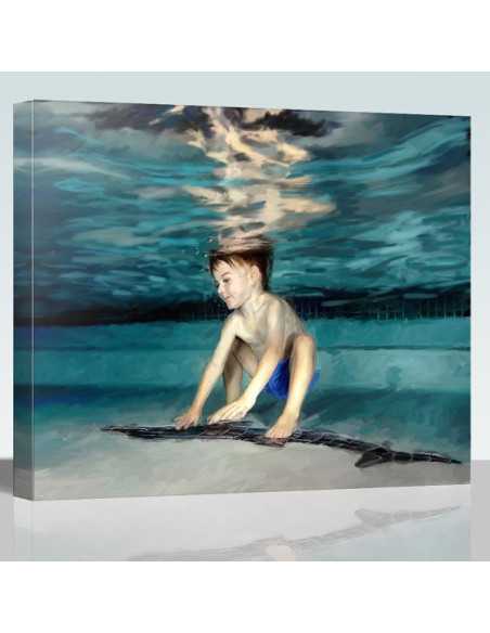 Childhood swimming captured in painterly oil painting canvas from a camera snap.