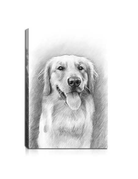 Pet art sketch to canvas made from a photo in portrait orientation of one happy doggy