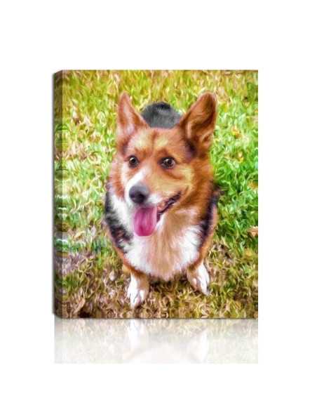 Dog Sitting on Grass Oil Portrait: “Custom oil portrait of a dog sitting on grass, created from a photo, showcasing detailed bru