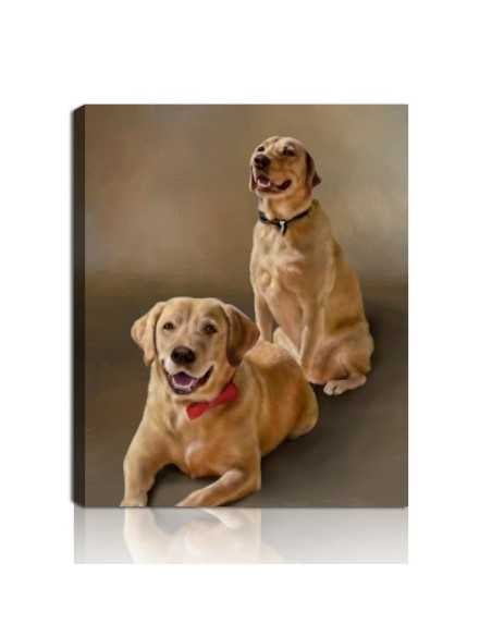 Two Dogs on Canvas Oil Portrait: “Custom oil portrait of two dogs, one sitting and the other lying down, created from a photo."