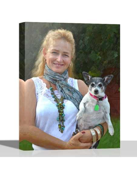 A customer photo with her dog, artistically remade to a canvas painting.