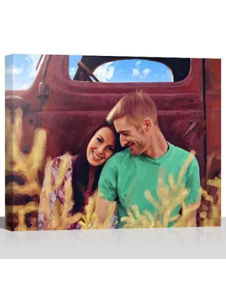 Painterly style canvas painting of couple sitting in front of car