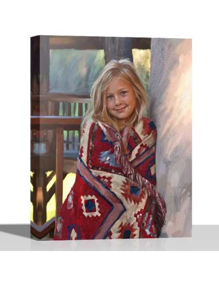 Painterly canvas artwork from photo of a girl wrapped in a warm blanket