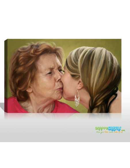 Tender photo moment with two ladies made to painterly art canvas