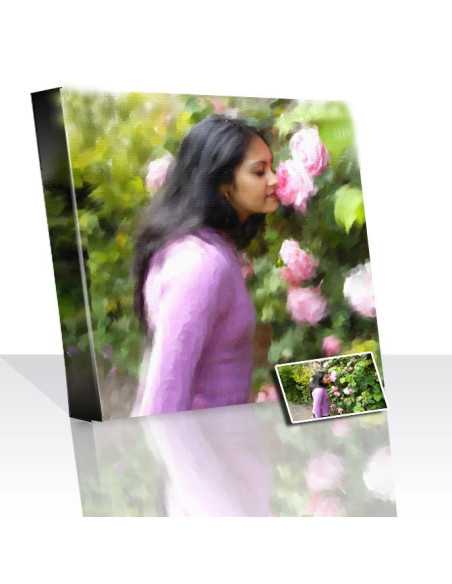 Painting of a lovely woman smelling roses, rendered by artist from a photo.