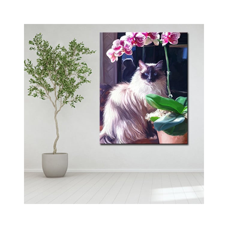 A striking himalyan cat posing by an orchid, captured in this painterly cat portrait from photo on canvas.