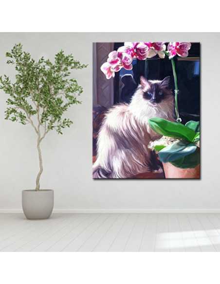 A striking himalyan cat posing by an orchid, captured in this painterly cat portrait from photo on canvas.
