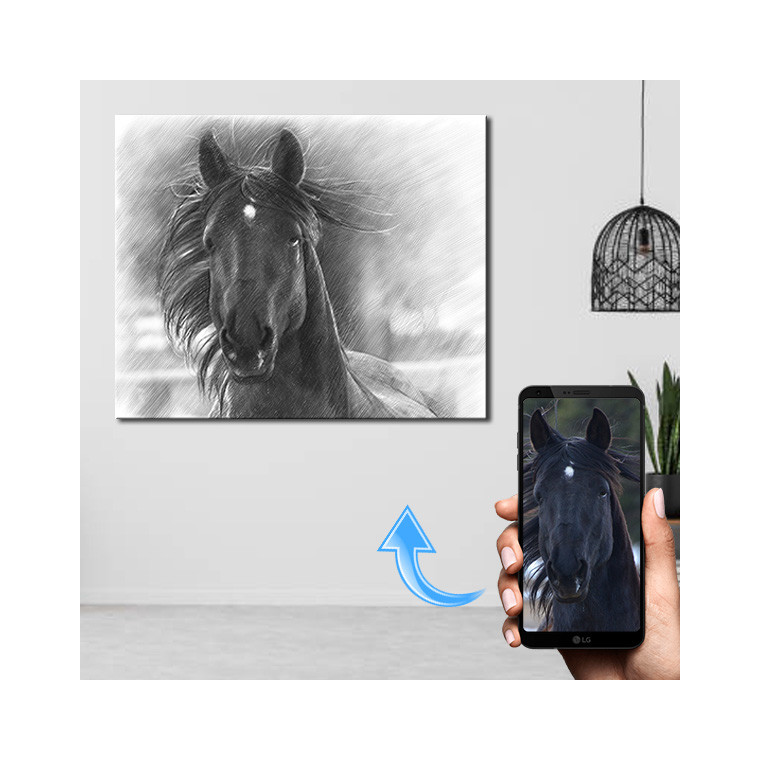 Artist  made sketch style canvas from customer's photo. of a horse with it's beautiful mane flowing gallantly in  the wind.