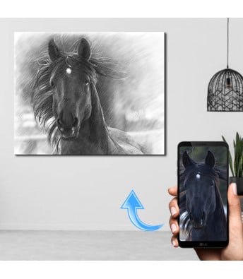 Artist  made sketch style canvas from customer's photo. of a horse with it's beautiful mane flowing gallantly in  the wind.