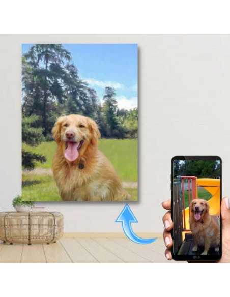 Custom oil painting of a retriever dog displayed alongside its original photograph