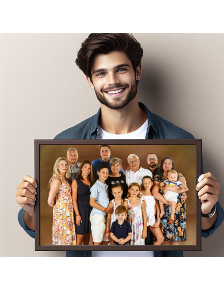 Man holding up a portrait painting of family