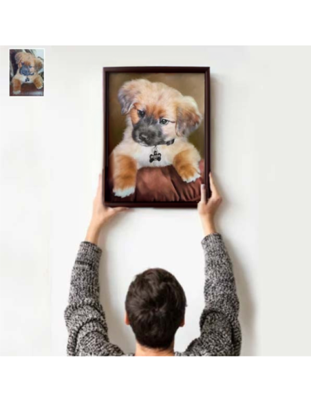 hanging an oil style painting of a dog in a brown frame